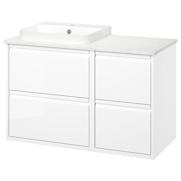 ÄNGSJÖN / BACKSJÖN Wash-stand/wash-basin, high-gloss white/white marble effect, 102x49x71 cm
