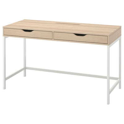 ALEX desk: light wood, white metal legs, two drawers, rectangular shape, sleek minimalist design.
