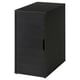 An ALEX black cabinet with a sleek, modern design. It has one door and a square shape, standing alone or supporting a desk.