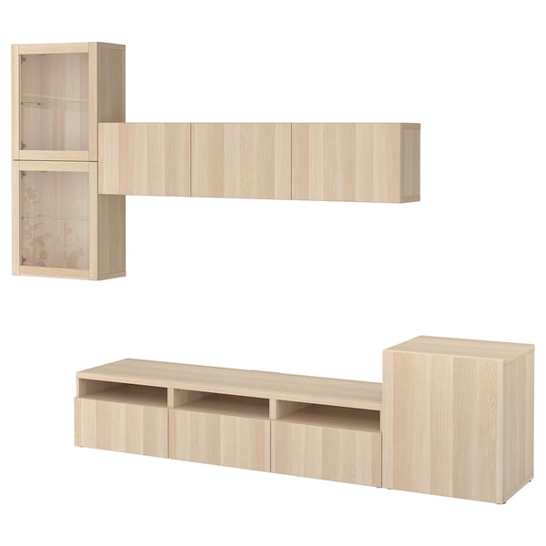 Light wood BESTÅ tv unit with shelves and cabinets, perfect for organised living.