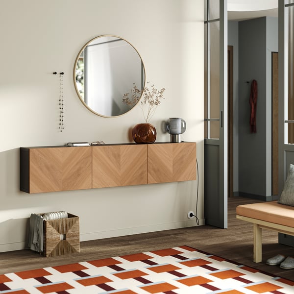 BESTÅ Wall-mounted cabinet combination, black-brown/Hedeviken oak veneer, 180x22x38 cm