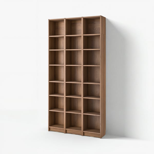 BILLY bookcase, tall wooden shelves, three sections, light brown, clean design.