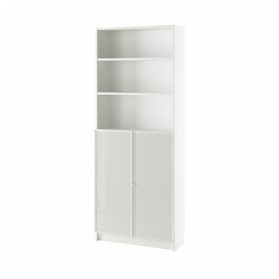 White BILLY bookcase with adjustable shelves and closed cabinet.