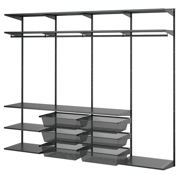 BOAXEL black metal wardrobe system with shelves and mesh baskets.