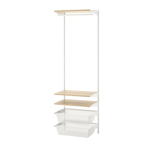 BOAXEL white wall storage: shelf & hanging rail combo. Organiser with shelves, mesh baskets & clothes rail for bedroom or closet.