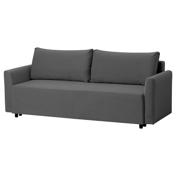 A grey, modern sofa named BRISSUND with clean lines, supportive seating, and hidden bed storage. Ideal for overnight guests.