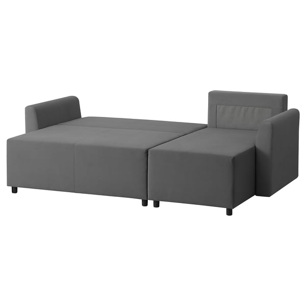A grey BRISSUND sofa bed with sleek lines, upholstered in recycled polyester fabric, designed for versatility and comfort.
