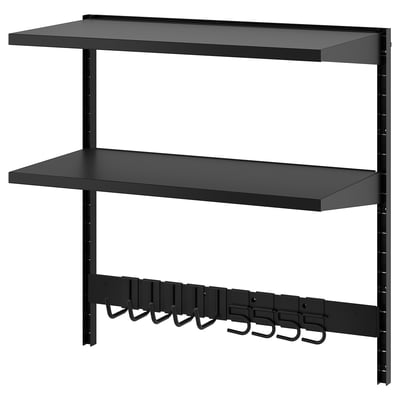 Black metal storage shelf unit with two tiers and eight hooks for hanging items, perfect for garages or storage rooms.