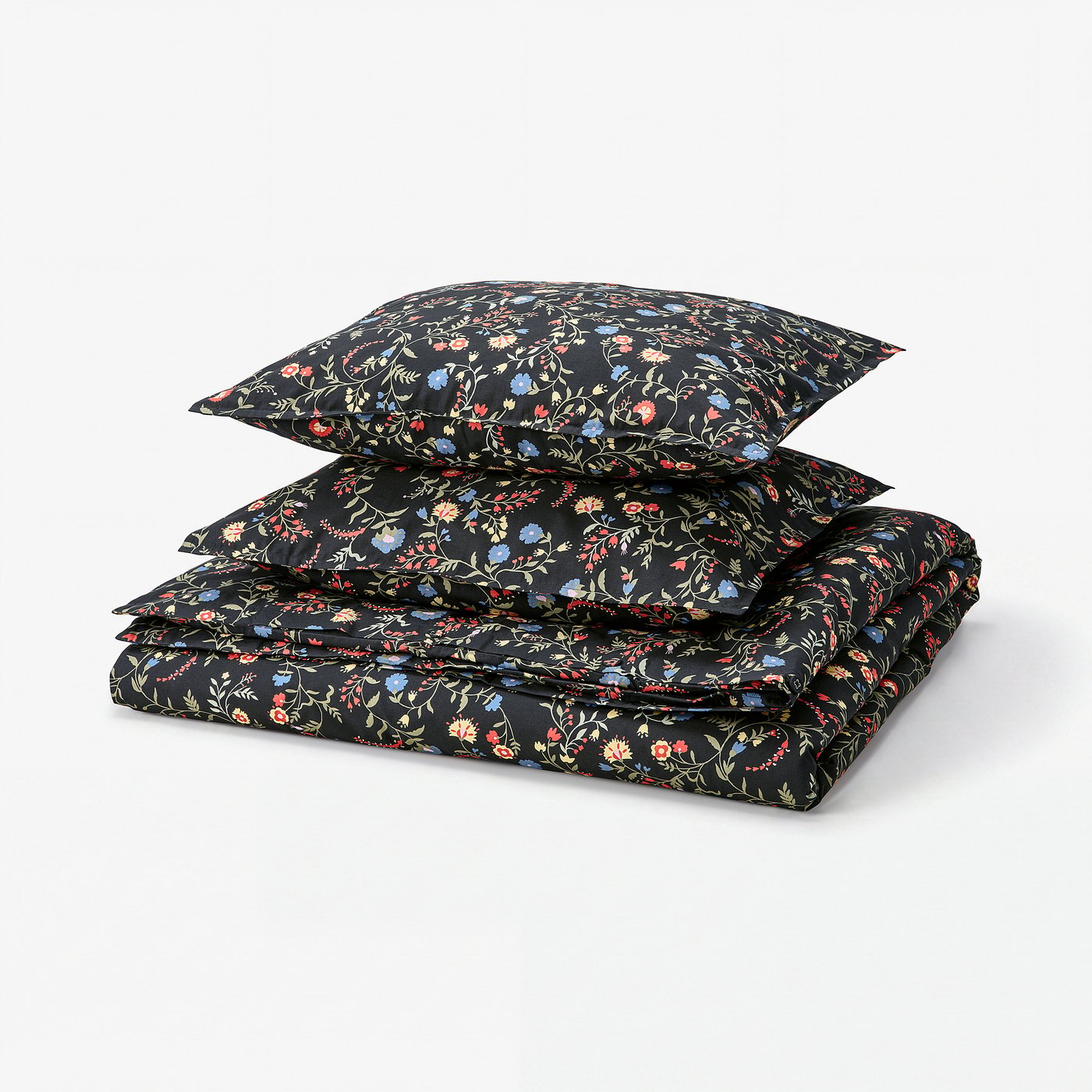A BRUDKRUSBÄR duvet cover set. Its black with colourful floral designs, made of soft, organic cotton.