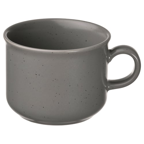 Round grey stoneware mug with speckled design and handle.