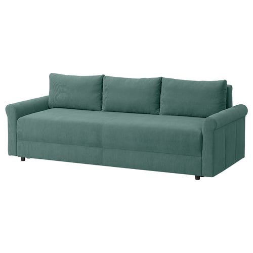 DÅNHULT teal sofa bed with rolled arms, textured fabric, supportive pocket springs, convertible design.