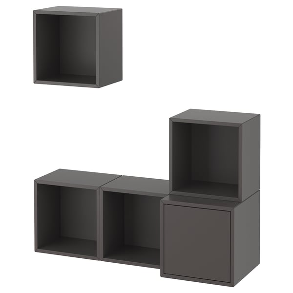 Three black cubic shelves arranged in different sizes, mounted on a white background.