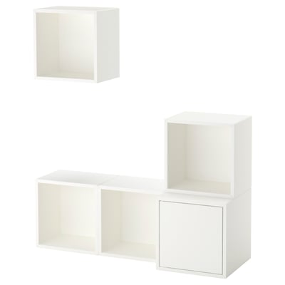 White EKET modular storage cubes, featuring different shapes and sizes.