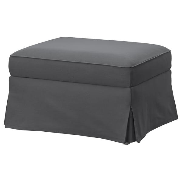 EKTORP footstool, grey, square, upholstered, with ruffled skirt.