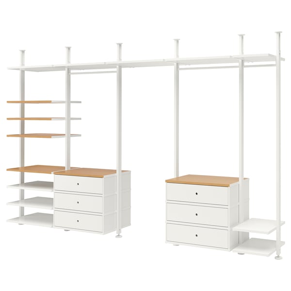 An ELVARLI storage system in white with bamboo accents. It includes shelves, drawers, and clothes rails.