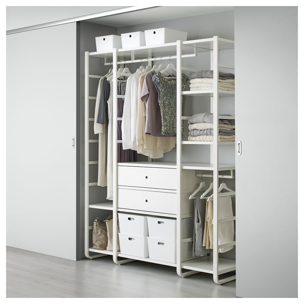 ELVARLI white closet with shelves & drawers organising clothes.