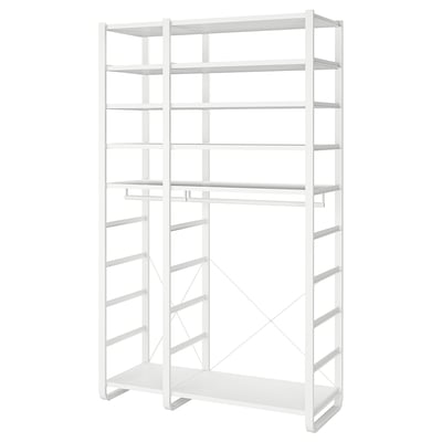 This is an a white ELVARLI storage unit featuring multiple adjustable shelves and a clothes rail, designed for versatile and customizable storage.