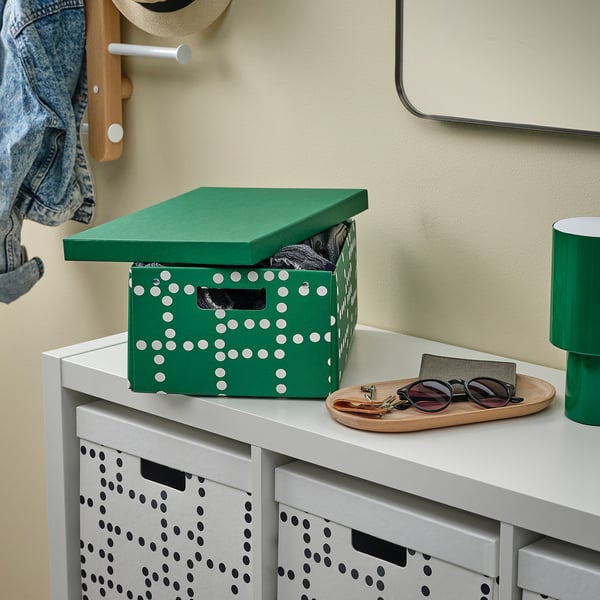 FJÄDERHARV Storage box with lid, green/dotted, 25x35x16 cm