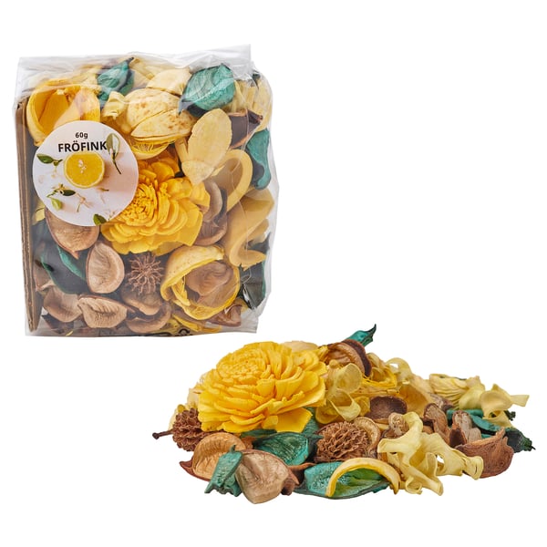 Two sacks of dried yellow flowers and plants by FRÖFINK. One sealed, one open, showing bright yellow, brown, and green dried pieces.