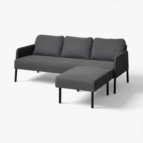 Black fabric GLOSTAD sofa set with matching footstool. Modern, sleek design with angled legs.