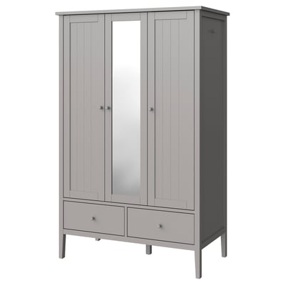 Grey GULLABERG wardrobe with mirror, wooden finish, three doors, two drawers, traditional design, for storing clothes efficiently.