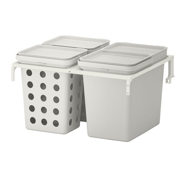 Two white waste sorting bins, one with holes, mounted side by side on a support frame.