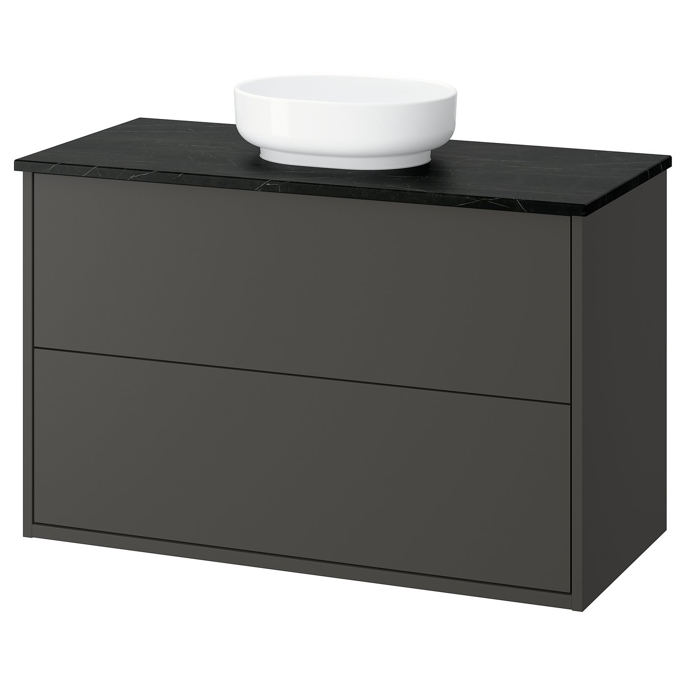 HAVBÄCK bathroom vanity: dark grey, marble top, round sink, two drawers.