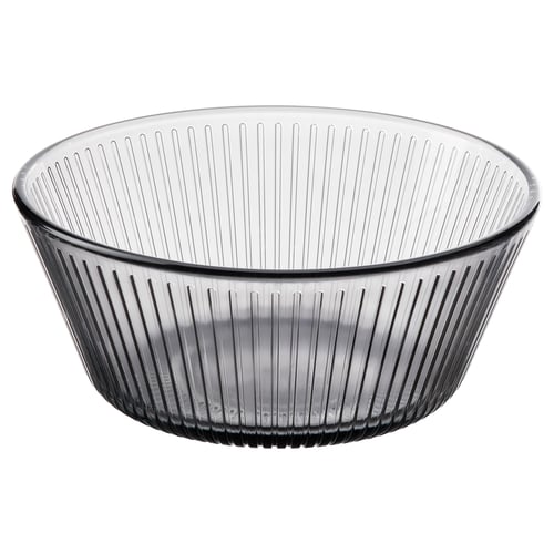 Smoked grey glass bowl, ribbed design, round, stackable, tempered for durability.