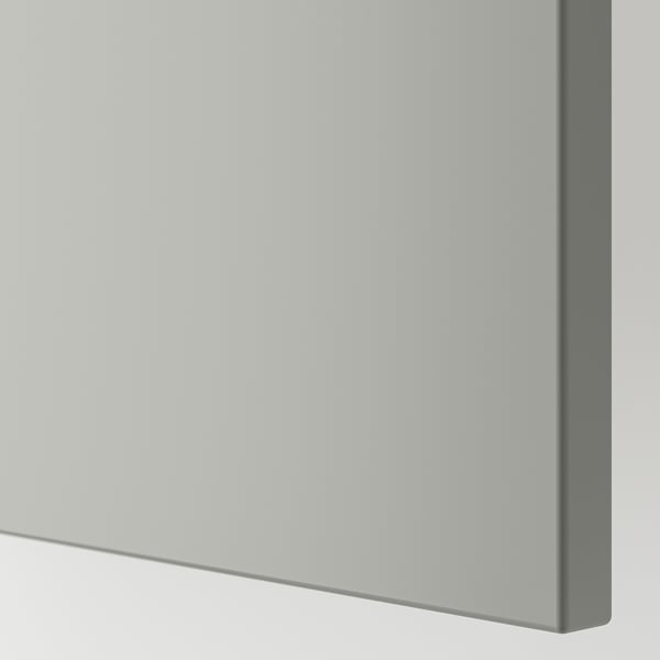 Close-up of a modern, smooth, light grey kitchen cabinet door with clean lines.
