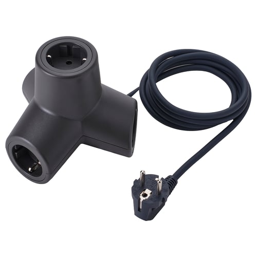 Black HORNFELS extension with 4 ports, angled design, recycled polycarbonate.