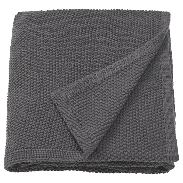 HUMLEMOTT grey throw, rectangular, soft knitted, made from recycled polyester.