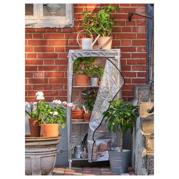 Small greenhouse against red brick wall. Galvanised shelving unit with clear cover, potted plants, flowers, and watering can.