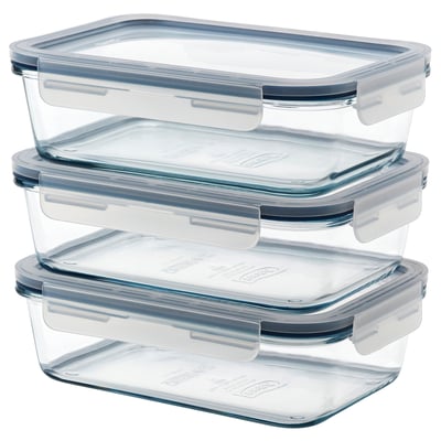 IKEA 365+ glass food containers, clear, rectangular, with snap-lock lids for secure storage.