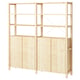 IVAR wooden bookshelf, natural finish, rectangular shape, four tall legs, adjustable shelves, two cabinet sections, clean design.