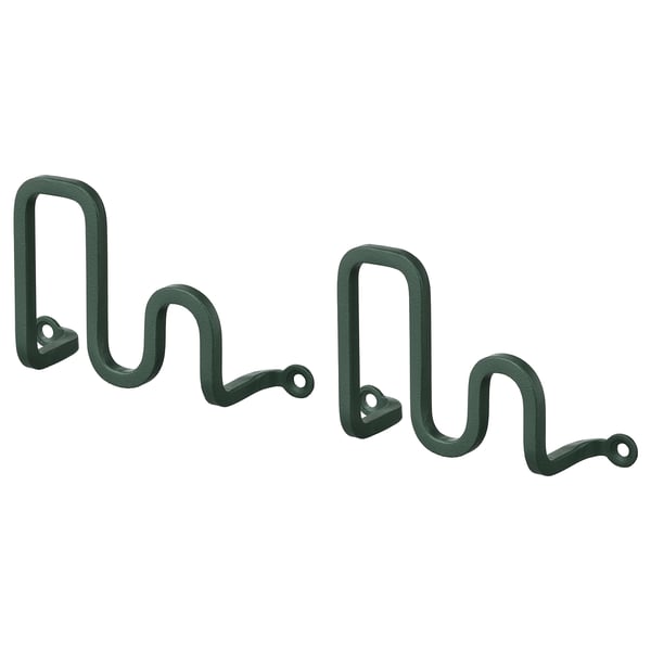 Two dark green, wavy-shaped hooks, positioned side by side, with small circular holes for mounting; stylish and functional.