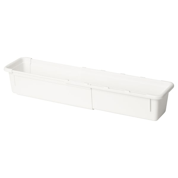 Displays a white KACKLA extendable storage box made of polypropylene plastic, rectangular in shape with a simple design.