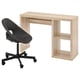 Modern home office set: light wood desk, black ergonomic chair. Desk has open shelves, chair on wheels.