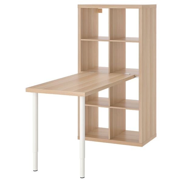 KALLAX desk and storage unit, light wood, triangular, adjustable height.