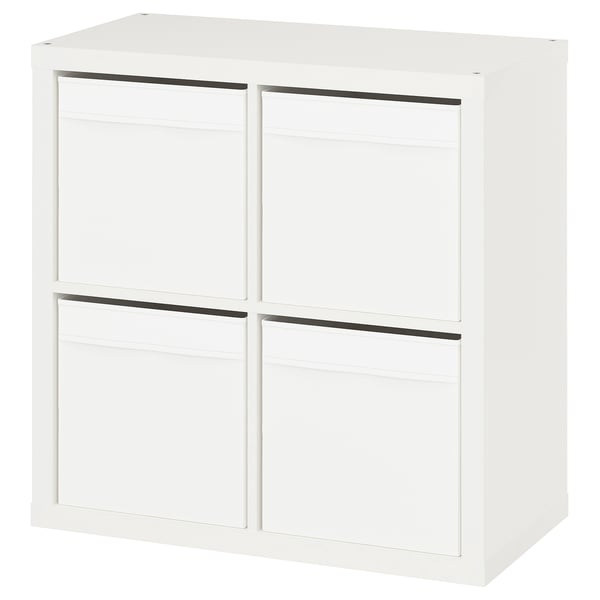 A white KALLAX cube storage unit. Its simple, square-shaped, with four compartments.