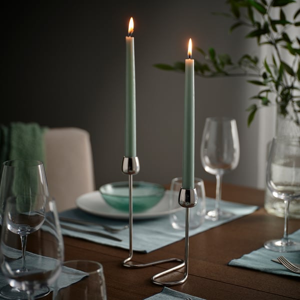 KLOKHET Unscented taper candle, light grey-green, 25 cm 6 hr