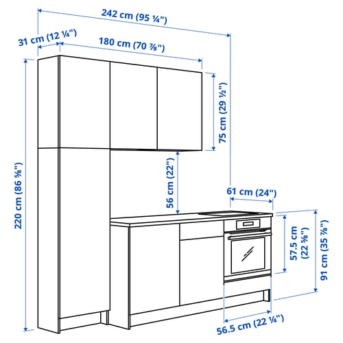 KNOXHULT Kitchen, white frame, 240x61x220 cm