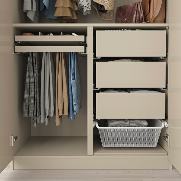 Closet organiser with drawers and hanging space.