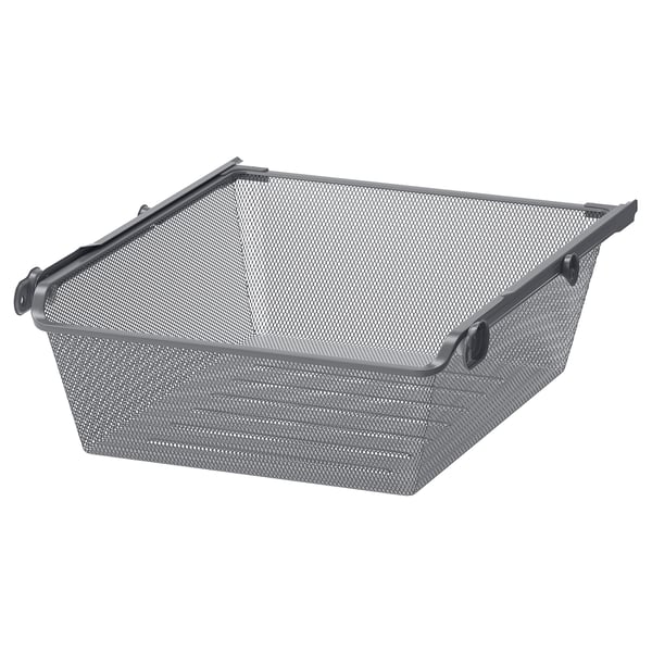 A grey KOMPLEMENT mesh storage basket with handles for organising and airing clothes.