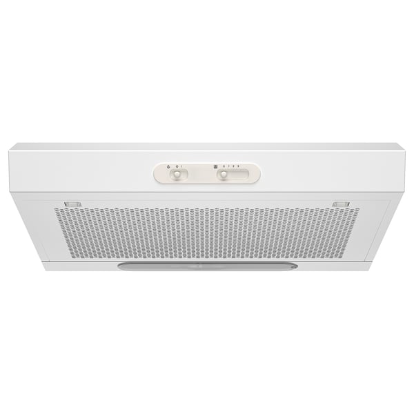 White kitchen hood with led light and basic controls.