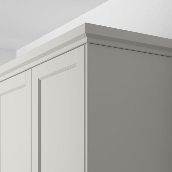 Grey kitchen cabinet panel with bevelled edges, LERHYTTAN series, hiding lighting units. Character count: 83