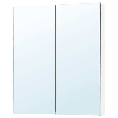 A white LETTAN wall cabinet with mirrored doors that offers storage and reflect light.
