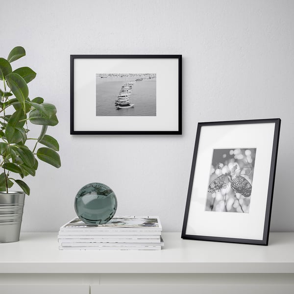 White shelf with black photo frames: one holds a boat photo, another a butterfly. Decorated with green plant and glass sphere.