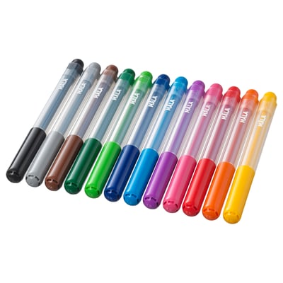 A set of 12 colourful markers, labelled MÅLA, lined up on a white surface. Each marker a translucent body and a colourful tip.
