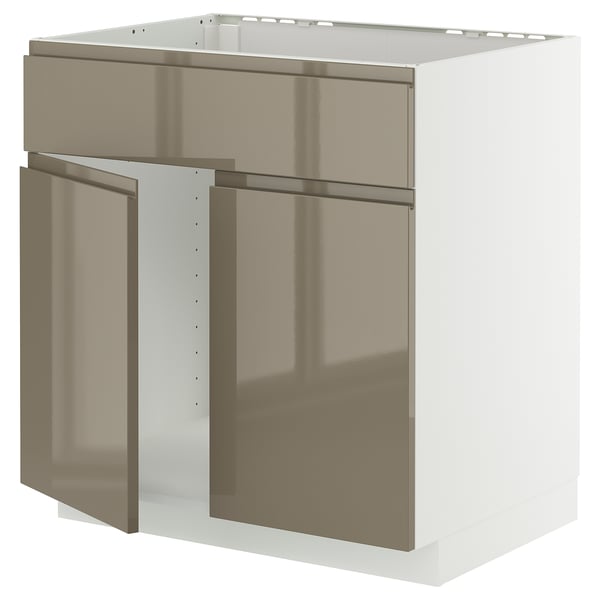 Modern kitchen cabinet, white & dark brown, high gloss, sleek design.