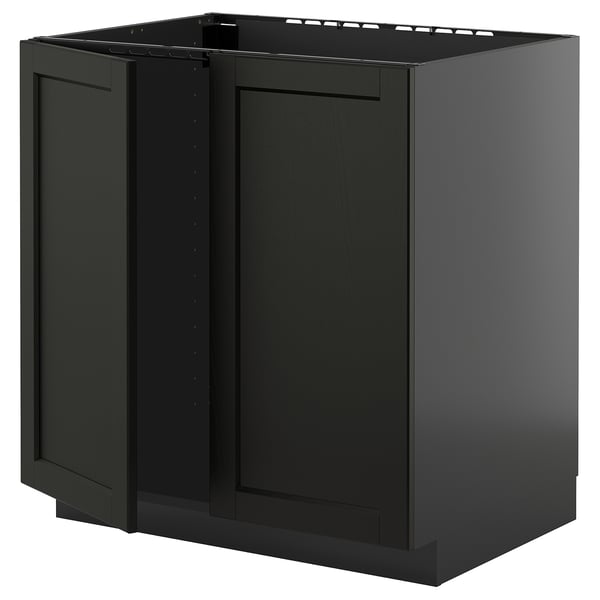 A black METOD kitchen cabinet with a traditional design, featuring a sturdy frame and bevelled edges.